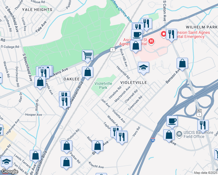 map of restaurants, bars, coffee shops, grocery stores, and more near 3630 Coolidge Avenue in Baltimore
