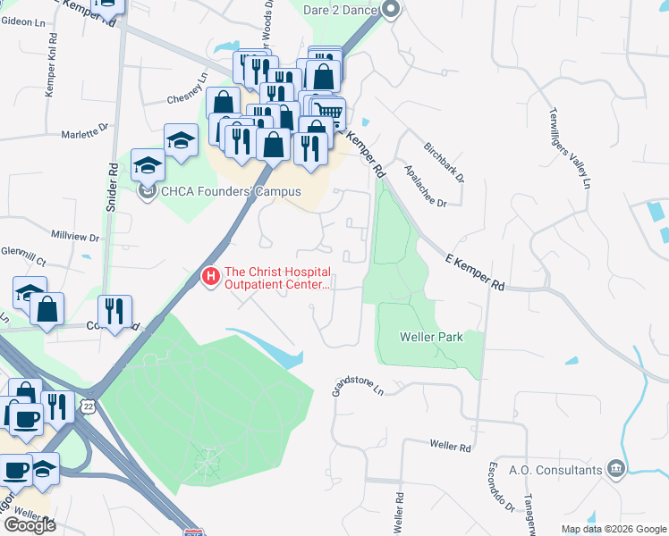 map of restaurants, bars, coffee shops, grocery stores, and more near 112 Village Gate Lane in Cincinnati