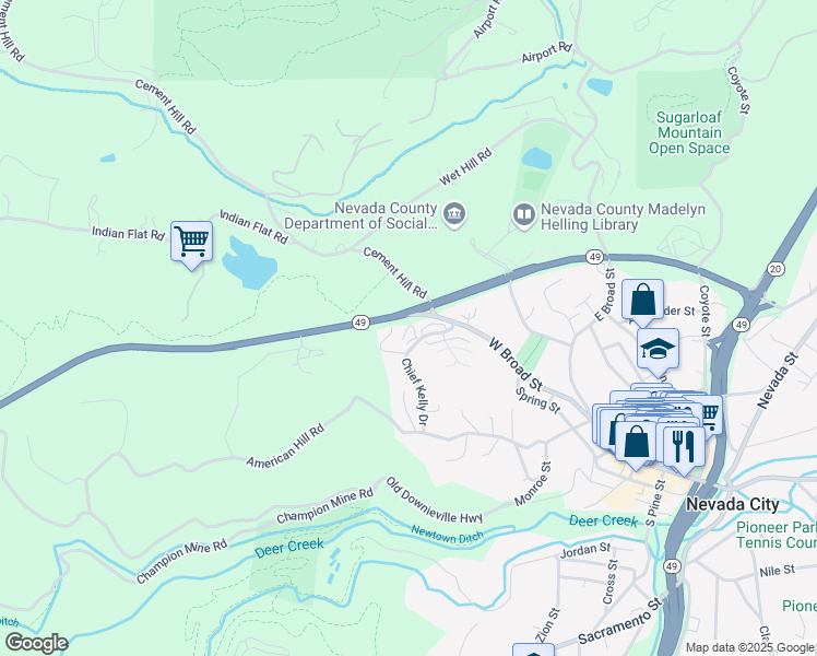 map of restaurants, bars, coffee shops, grocery stores, and more near 203 Chief Kelly Drive in Nevada City