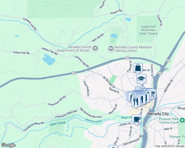 map of restaurants, bars, coffee shops, grocery stores, and more near 101 Chief Kelly Drive in Nevada City