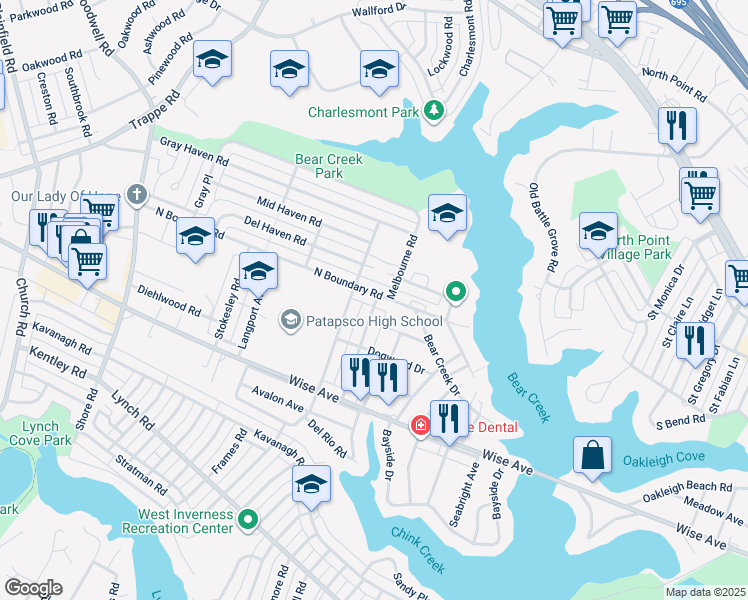 map of restaurants, bars, coffee shops, grocery stores, and more near 1704 Melbourne Road in Dundalk