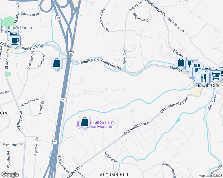 map of restaurants, bars, coffee shops, grocery stores, and more near 8646 Manahan Drive in Ellicott City
