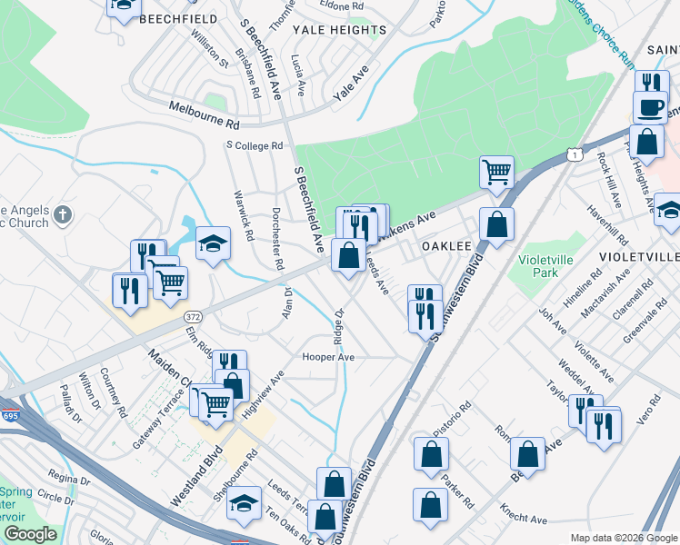 map of restaurants, bars, coffee shops, grocery stores, and more near 901 South Beechfield Avenue in Baltimore