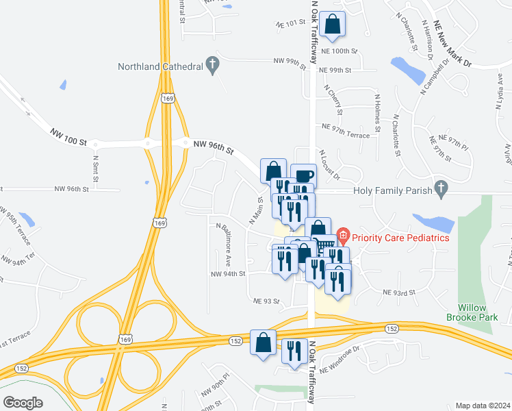 map of restaurants, bars, coffee shops, grocery stores, and more near 9570 North Main Street in Kansas City