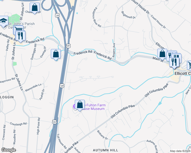 map of restaurants, bars, coffee shops, grocery stores, and more near 8692 Manahan Drive in Ellicott City