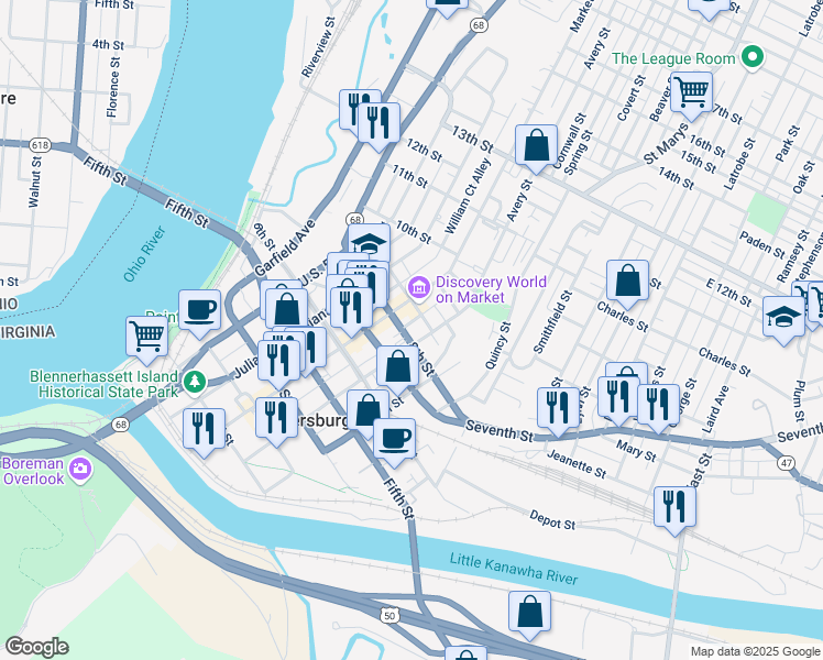 map of restaurants, bars, coffee shops, grocery stores, and more near 323 8th Street in Parkersburg