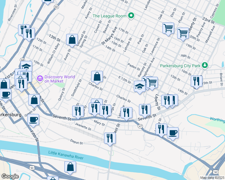 map of restaurants, bars, coffee shops, grocery stores, and more near 1106 Williams Street in Parkersburg