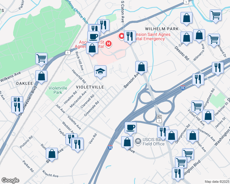 map of restaurants, bars, coffee shops, grocery stores, and more near 1244 South Grantley Street in Baltimore