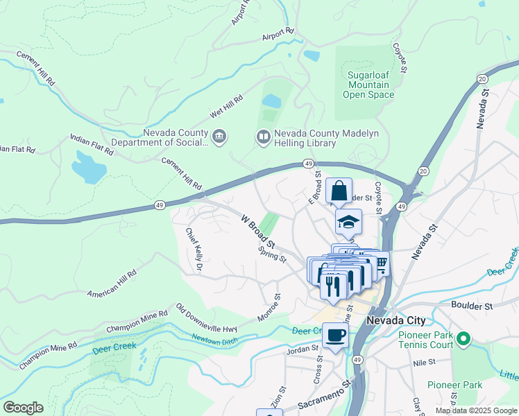 map of restaurants, bars, coffee shops, grocery stores, and more near 123 Orchard Street in Nevada City