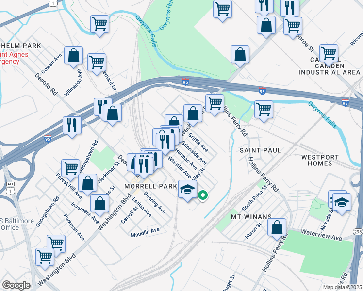 map of restaurants, bars, coffee shops, grocery stores, and more near 1900 Grinnalds Avenue in Baltimore