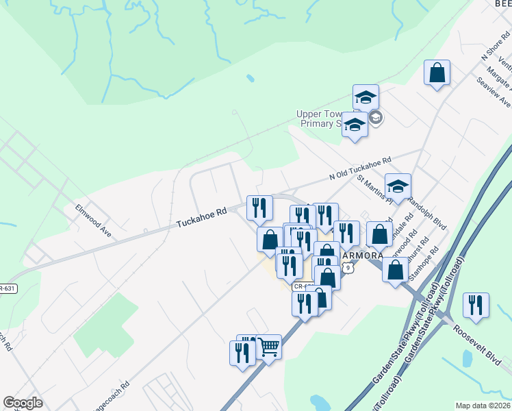 map of restaurants, bars, coffee shops, grocery stores, and more near 29 South Old Tuckahoe Road in Marmora