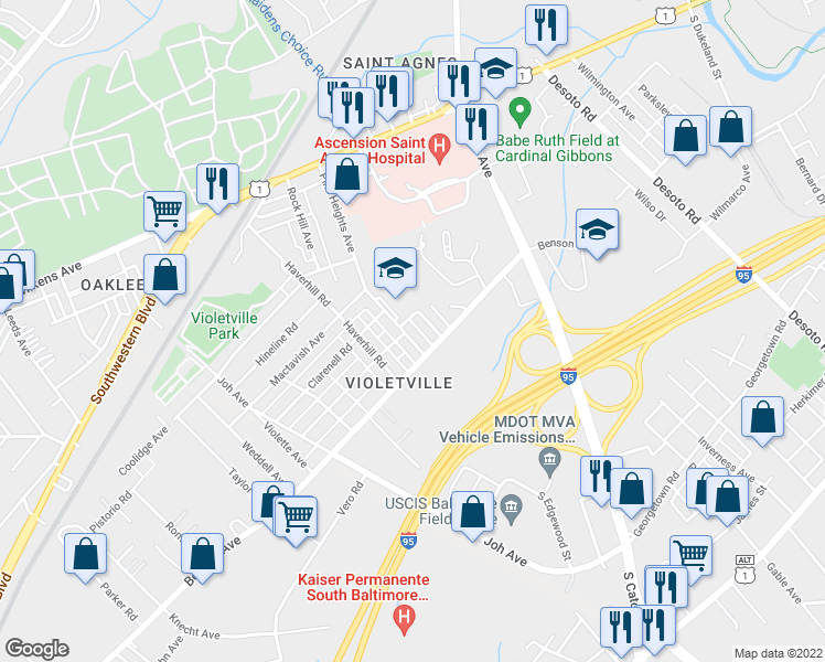 map of restaurants, bars, coffee shops, grocery stores, and more near 1235 Pine Heights Avenue in Baltimore