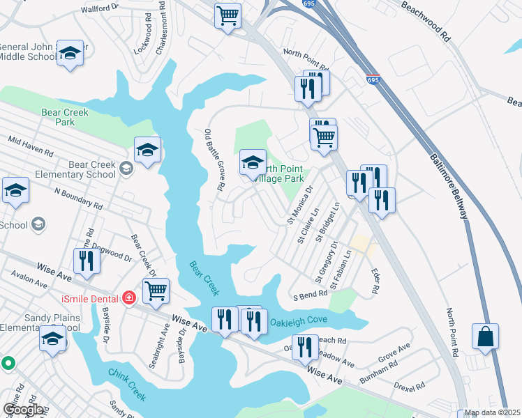 map of restaurants, bars, coffee shops, grocery stores, and more near 4022 Saint Monica Drive in Dundalk