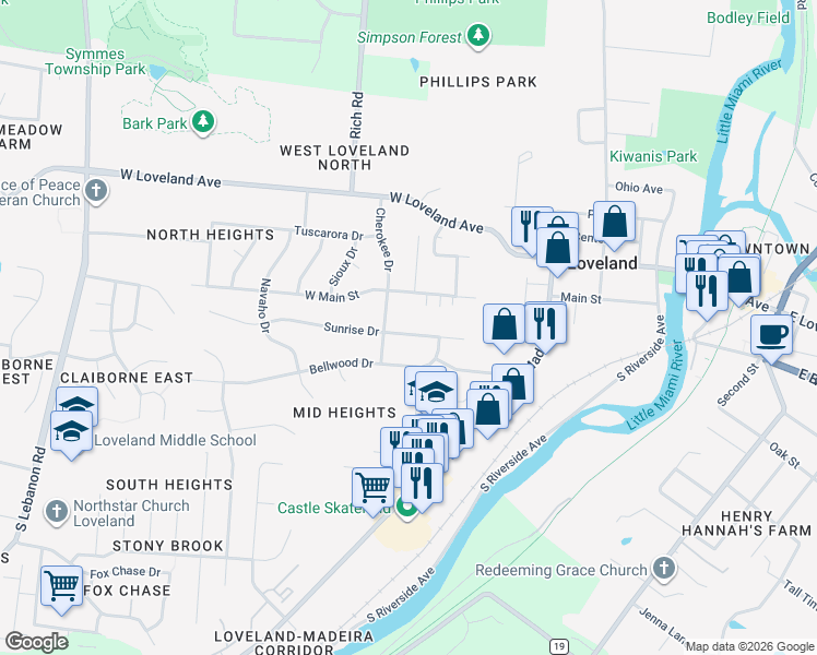 map of restaurants, bars, coffee shops, grocery stores, and more near 920 Sunrise Drive in Loveland