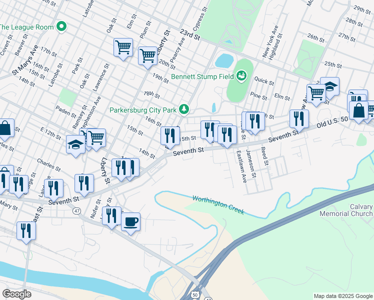 map of restaurants, bars, coffee shops, grocery stores, and more near 1709 7th Street in Parkersburg