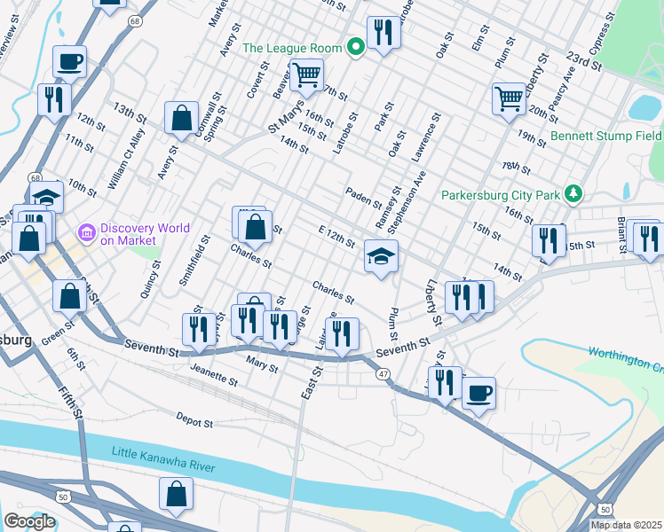 map of restaurants, bars, coffee shops, grocery stores, and more near 1114 George Street in Parkersburg