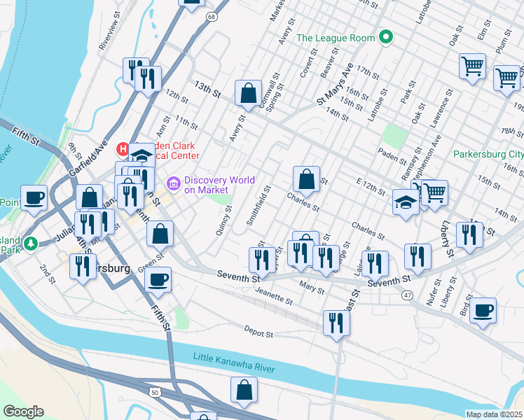 map of restaurants, bars, coffee shops, grocery stores, and more near 1006 Smithfield Street in Parkersburg