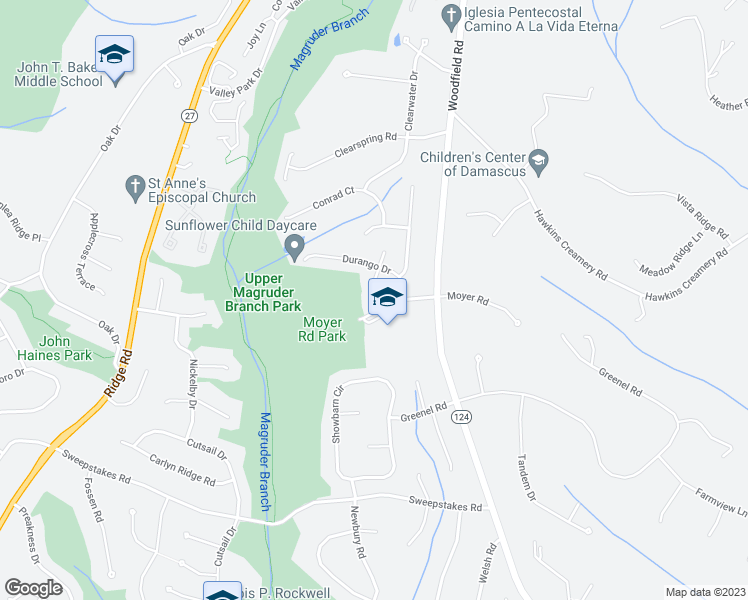 map of restaurants, bars, coffee shops, grocery stores, and more near 25007 Angela Court in Damascus