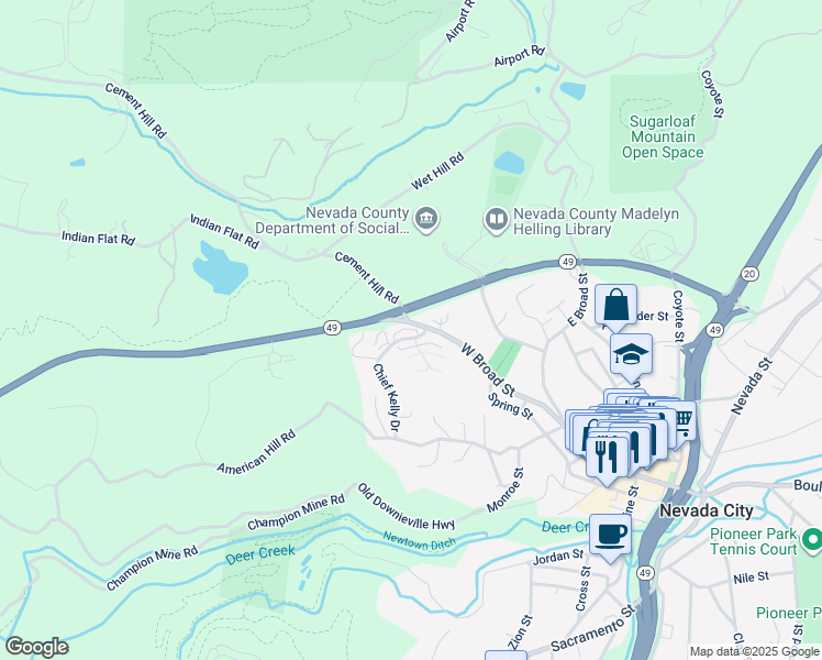 map of restaurants, bars, coffee shops, grocery stores, and more near 101 Chief Kelly Drive in Nevada City