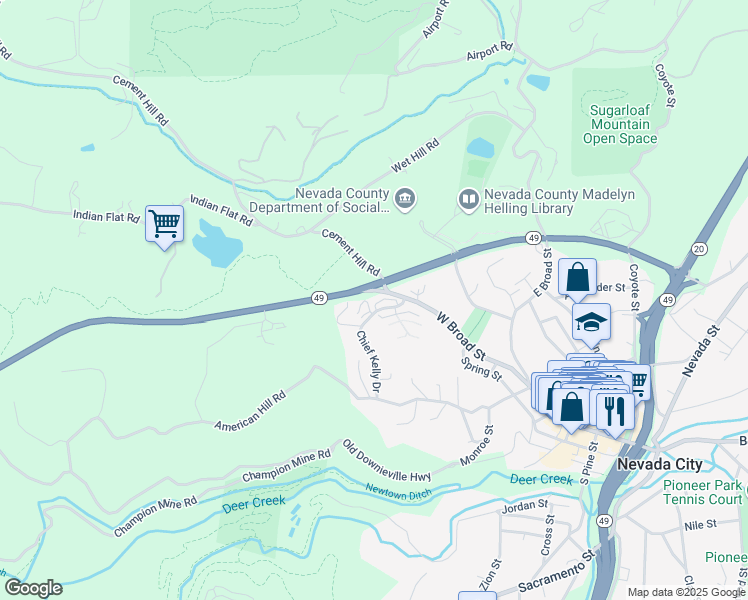 map of restaurants, bars, coffee shops, grocery stores, and more near 203 Chief Kelly Drive in Nevada City