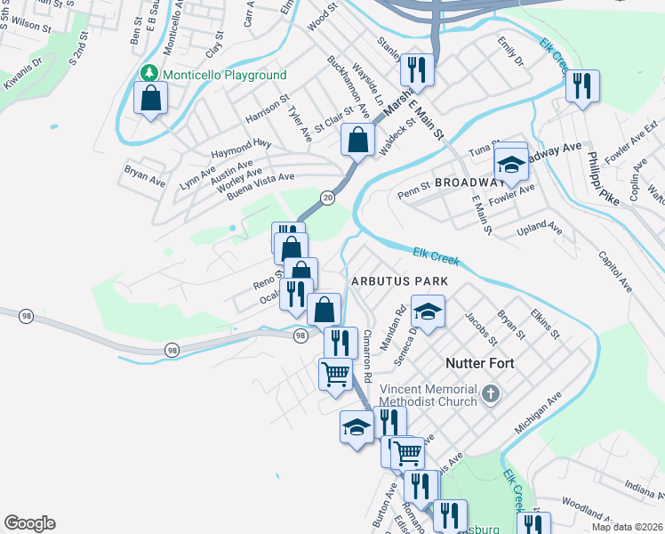 map of restaurants, bars, coffee shops, grocery stores, and more near 116 Oakland Avenue in Clarksburg
