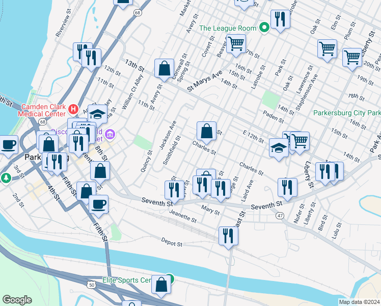 map of restaurants, bars, coffee shops, grocery stores, and more near 1027 Lynn Street in Parkersburg
