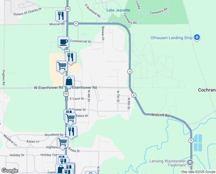 map of restaurants, bars, coffee shops, grocery stores, and more near 607 East Eisenhower Road in Lansing