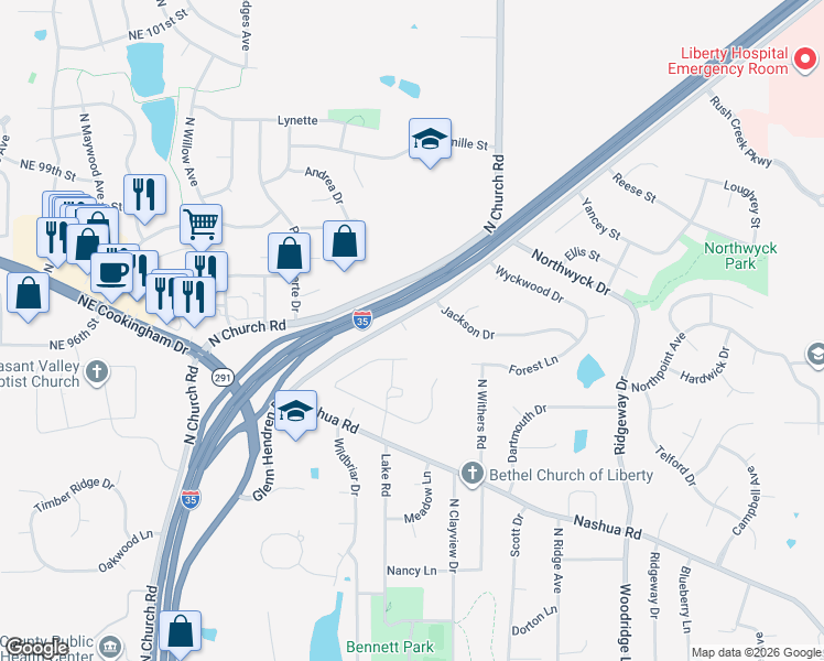map of restaurants, bars, coffee shops, grocery stores, and more near 1803 Glenn Hendren Drive in Liberty