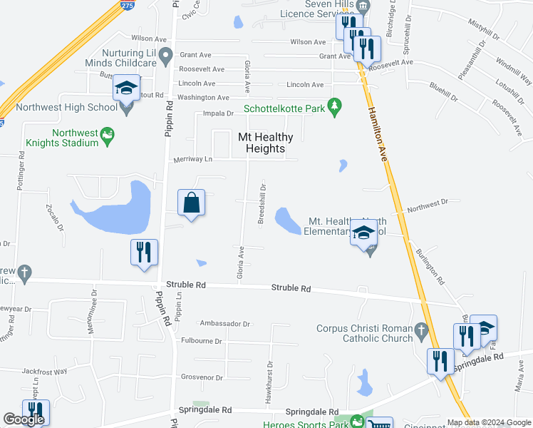 map of restaurants, bars, coffee shops, grocery stores, and more near 10580 Breedshill Drive in Cincinnati