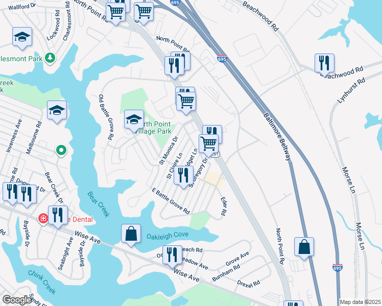 map of restaurants, bars, coffee shops, grocery stores, and more near 7942 Saint Bridget Lane in Dundalk