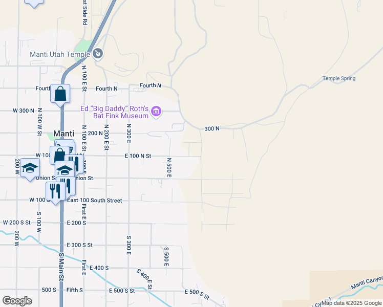 map of restaurants, bars, coffee shops, grocery stores, and more near 565 East 100 North in Manti