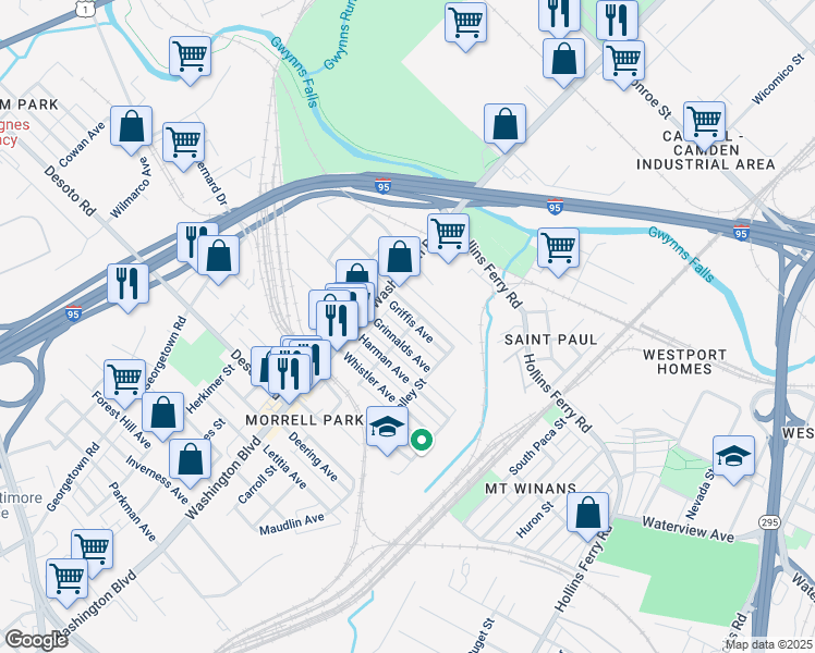map of restaurants, bars, coffee shops, grocery stores, and more near 1934 Griffis Avenue in Baltimore