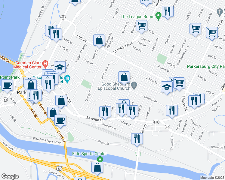 map of restaurants, bars, coffee shops, grocery stores, and more near 698 Columbia Avenue in Parkersburg