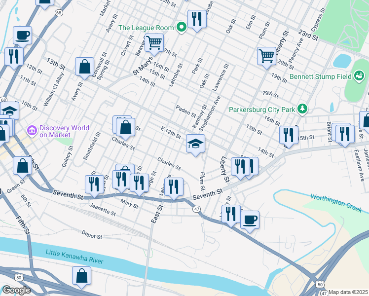 map of restaurants, bars, coffee shops, grocery stores, and more near 1210 Laird Avenue in Parkersburg