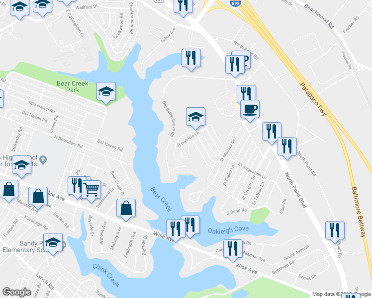 map of restaurants, bars, coffee shops, grocery stores, and more near 7425 Saint Patricia Court in Dundalk