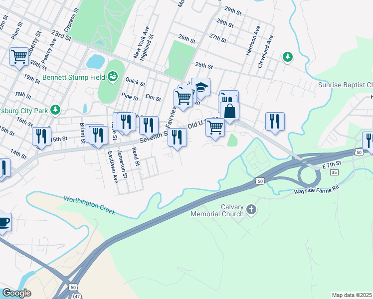 map of restaurants, bars, coffee shops, grocery stores, and more near 522-524 Ellis Avenue in Parkersburg