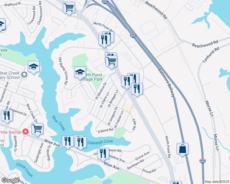 map of restaurants, bars, coffee shops, grocery stores, and more near 7948 Saint Bridget Lane in Dundalk
