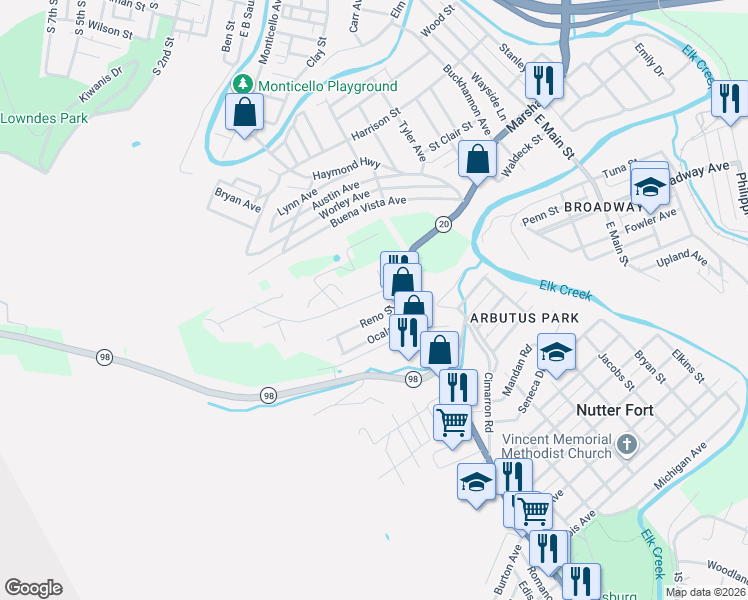 map of restaurants, bars, coffee shops, grocery stores, and more near 10 Reno Street in Clarksburg