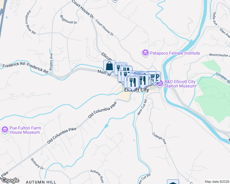 map of restaurants, bars, coffee shops, grocery stores, and more near 8472 Merryman Street in Ellicott City