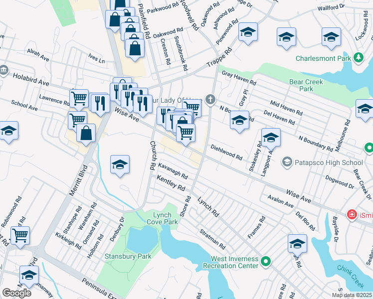 map of restaurants, bars, coffee shops, grocery stores, and more near 7831 Wise Avenue in Baltimore