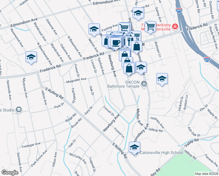 map of restaurants, bars, coffee shops, grocery stores, and more near 12 Payson Avenue in Catonsville