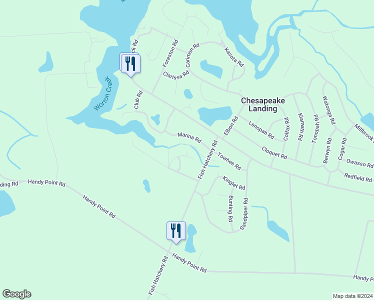 map of restaurants, bars, coffee shops, grocery stores, and more near 23270 Spinnaker Road in Chestertown