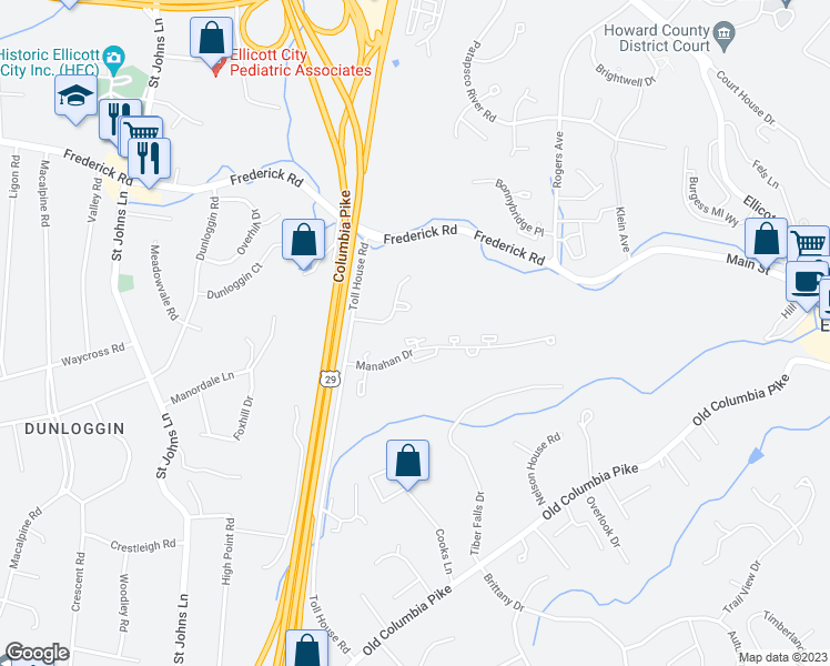 map of restaurants, bars, coffee shops, grocery stores, and more near 8764 Manahan Drive in Ellicott City