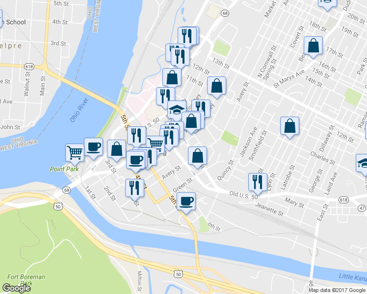 map of restaurants, bars, coffee shops, grocery stores, and more near 720 Market Street in Parkersburg