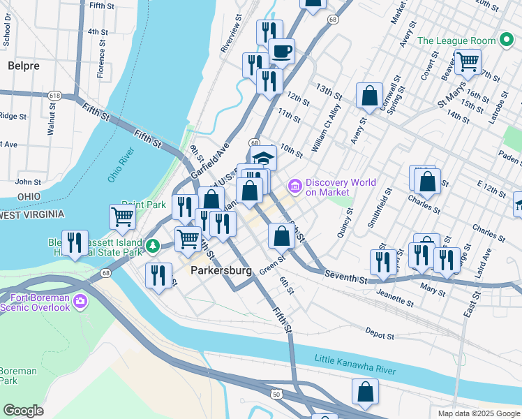 map of restaurants, bars, coffee shops, grocery stores, and more near 700-720 Market St in Parkersburg