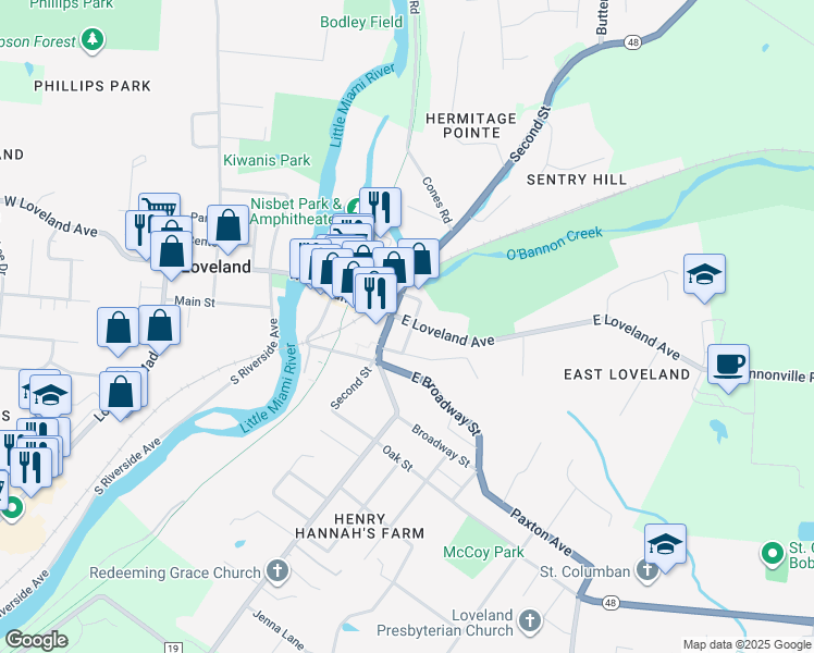 map of restaurants, bars, coffee shops, grocery stores, and more near 110 East Loveland Avenue in Loveland