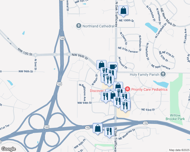 map of restaurants, bars, coffee shops, grocery stores, and more near 9570 North Main Street in Kansas City