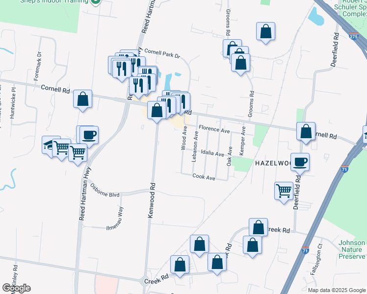 map of restaurants, bars, coffee shops, grocery stores, and more near 11111 Wood Avenue in Blue Ash
