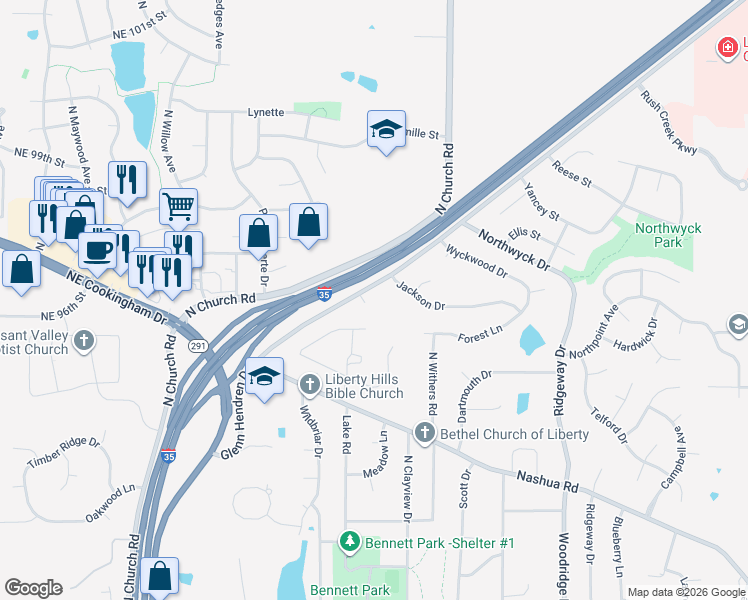 map of restaurants, bars, coffee shops, grocery stores, and more near 1807 Glenn Hendren Drive in Liberty