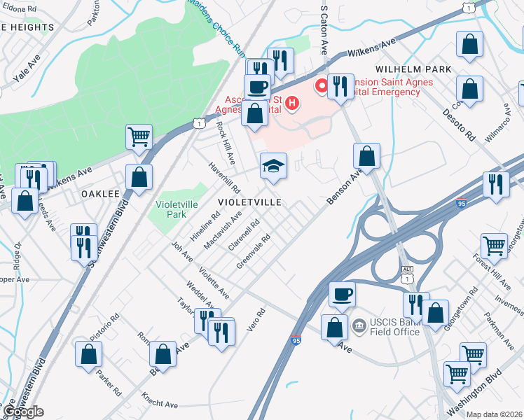 map of restaurants, bars, coffee shops, grocery stores, and more near 1209 Haverhill Road in Baltimore